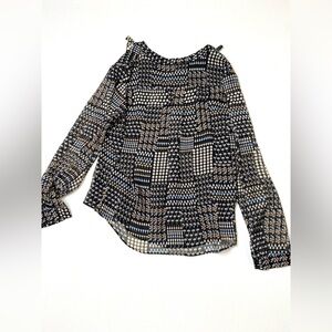 Tommy Hilfiger Sheer Print Ruffle Tie Neck Long Sleeve Blouse Size Large